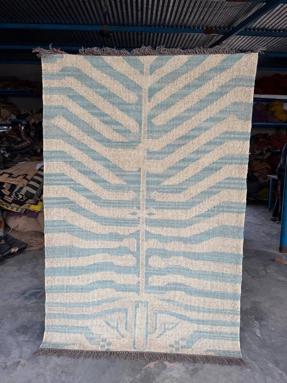 Handwoven Blue Tiger Wool Jute Kilim Rug | Abstract Tibetan Tiger Flatweave Area Rug for Modern, Scandinavian & Boho Homes