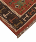 Handmade Southwestern Wool Jute Kilim Area Rug with Tassels | Rust Brown Tribal Flatweave Boho Rug for Living Room & Bedroom