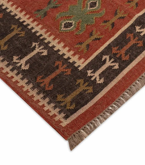 Handmade Southwestern Wool Jute Kilim Area Rug with Tassels | Rust Brown Tribal Flatweave Boho Rug for Living Room & Bedroom