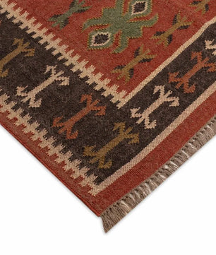 Handwoven Tribal Wool Jute Kilim Area Rug – Rust Red Southwestern Flatweave Dhurrie Carpet with Geometric Border
