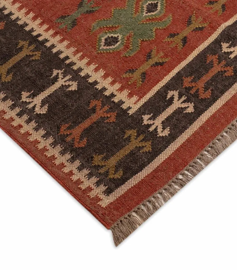 Handwoven Tribal Wool Jute Kilim Area Rug – Rust Red Southwestern Flatweave Dhurrie Carpet with Geometric Border