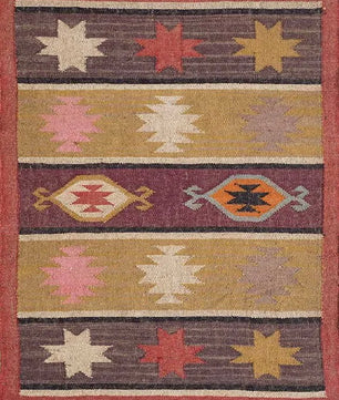 Boho Tribal Area Rug – Handwoven Geometric Flatweave Rug in Terracotta, Mustard & Plum with Fringe