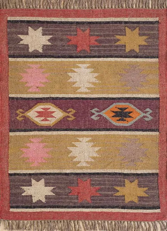 Boho Tribal Area Rug – Handwoven Geometric Flatweave Rug in Terracotta, Mustard & Plum with Fringe
