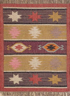 Boho Tribal Area Rug – Handwoven Geometric Flatweave Rug in Terracotta, Mustard & Plum with Fringe