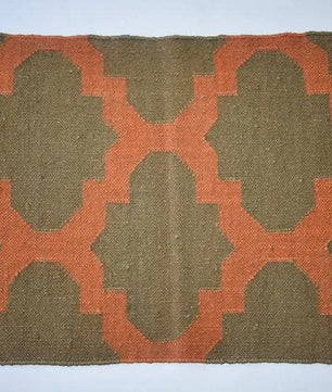 Handmade Wool Jute Area Rug – Olive Green & Rust Geometric Kilim Flatweave Rug with Fringe, Rustic Boho Home Decor