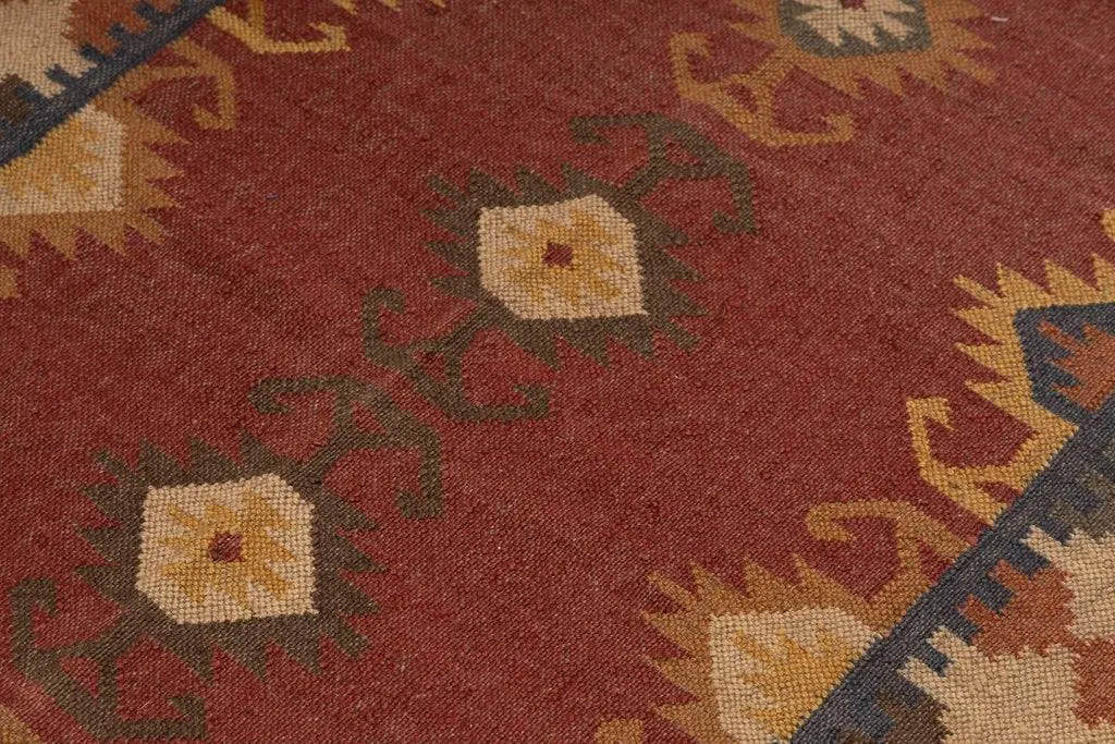 Handwoven Southwestern Wool Jute Kilim Area Rug – Rust Red Tribal Medallion Flatweave Dhurrie Carpet for Living Room, Bedroom & Dining Room
