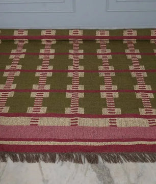 Handwoven Olive Green Wool Jute Kilim Rug | Modern Tribal Flatweave Area Rug with Geometric Grid Pattern for Living Room