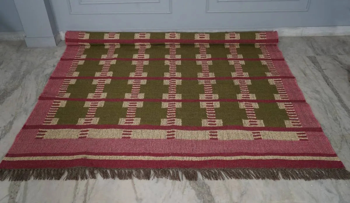 Handwoven Olive Green Wool Jute Kilim Rug | Modern Tribal Flatweave Area Rug with Geometric Grid Pattern for Living Room