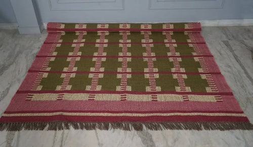 Handwoven Olive Green Wool Jute Kilim Rug | Modern Tribal Flatweave Area Rug with Geometric Grid Pattern for Living Room