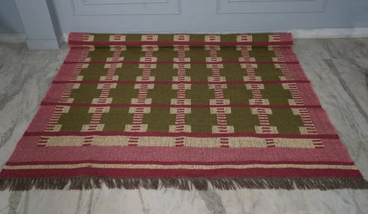 Handwoven Olive Green Wool Jute Kilim Rug | Modern Tribal Flatweave Area Rug with Geometric Grid Pattern for Living Room