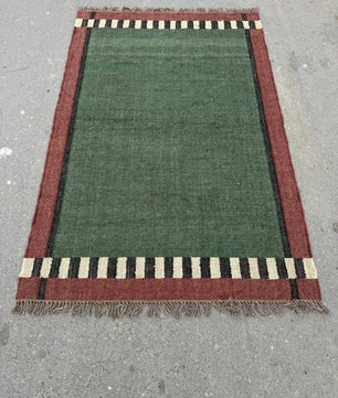 Handwoven Olive Green Wool Jute Kilim Rug, Handmade Flatweave Area Rug, Rustic Boho Dhurrie Carpet, Minimalist Natural Fiber Rug with Fringe