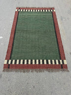 Handwoven Olive Green Wool Jute Kilim Rug, Handmade Flatweave Area Rug, Rustic Boho Dhurrie Carpet, Minimalist Natural Fiber Rug with Fringe