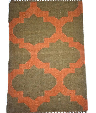 Handmade Wool Jute Area Rug – Olive Green & Rust Geometric Kilim Flatweave Rug with Fringe, Rustic Boho Home Decor