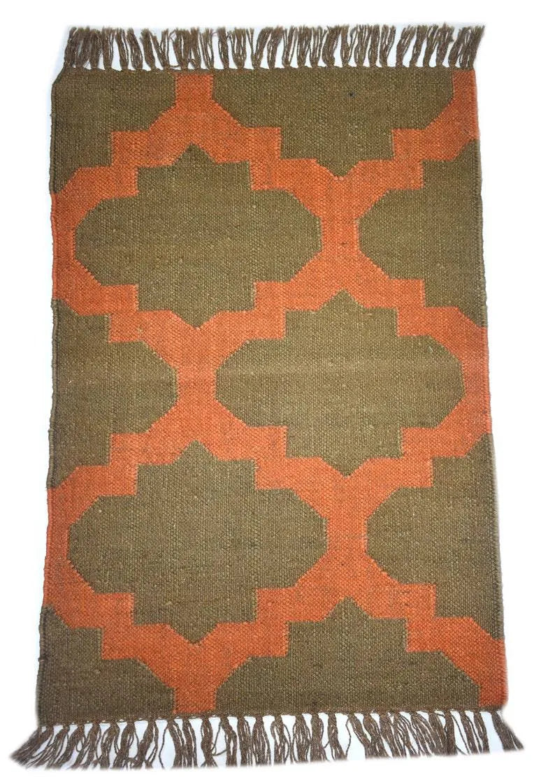 Handmade Wool Jute Area Rug – Olive Green & Rust Geometric Kilim Flatweave Rug with Fringe, Rustic Boho Home Decor