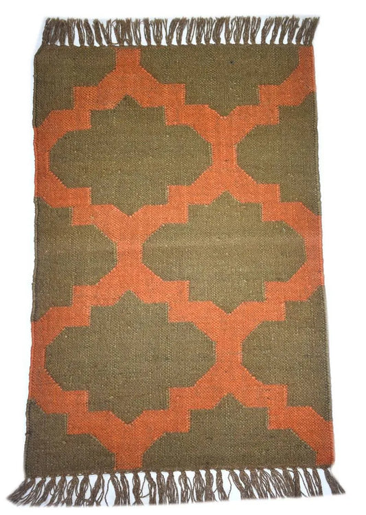 Handmade Wool Jute Area Rug – Olive Green & Rust Geometric Kilim Flatweave Rug with Fringe, Rustic Boho Home Decor