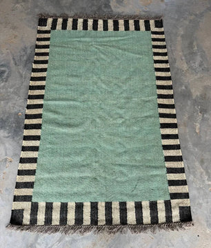 Handwoven Sage Green Cotton Jute Kilim Rug | Modern Minimalist Flatweave Area Rug with Striped Border for Living Room Bedroom