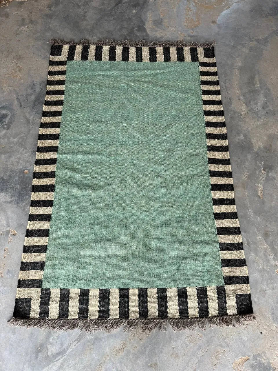 Handwoven Sage Green Cotton Jute Kilim Rug | Modern Minimalist Flatweave Area Rug with Striped Border for Living Room Bedroom