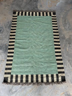 Handwoven Sage Green Cotton Jute Kilim Rug | Modern Minimalist Flatweave Area Rug with Striped Border for Living Room Bedroom
