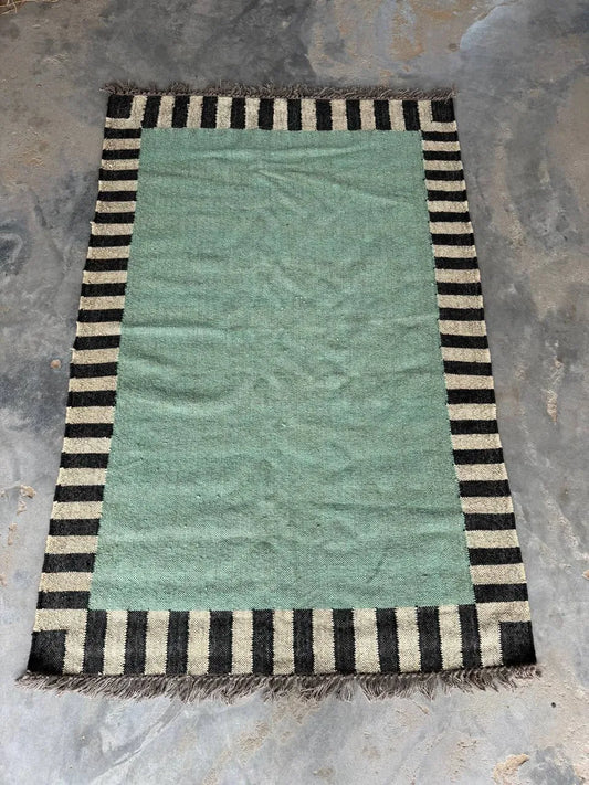 Handwoven Sage Green Cotton Jute Kilim Rug | Modern Minimalist Flatweave Area Rug with Striped Border for Living Room Bedroom