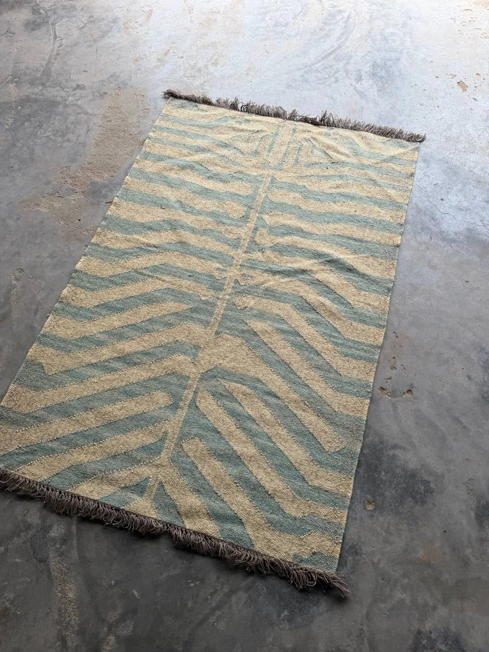 Handwoven Blue Tiger Wool Jute Kilim Rug | Abstract Tibetan Tiger Flatweave Area Rug for Modern, Scandinavian & Boho Homes