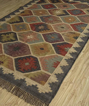 Southwestern Geometric Area Rug – Handmade Wool Jute Tribal Hexagon Rug, Multicolor Earth Tone Dhurrie