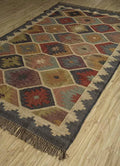 Southwestern Geometric Area Rug – Handmade Wool Jute Tribal Hexagon Rug, Multicolor Earth Tone Dhurrie