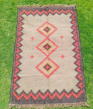 Southwestern Tribal Area Rug – Handmade Wool Jute Diamond Medallion Rug, Beige Rust Flatweave with Fringe