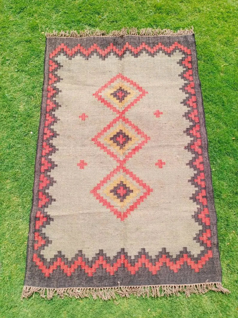 Southwestern Tribal Area Rug – Handmade Wool Jute Diamond Medallion Rug, Beige Rust Flatweave with Fringe