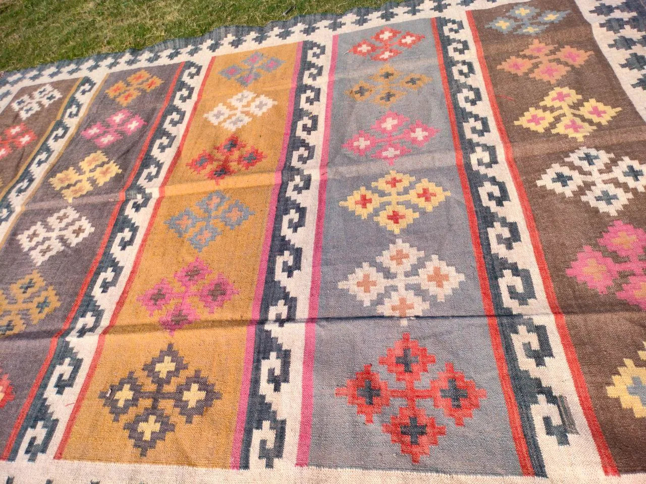 Handmade Multicolor Wool Jute Kilim Rug – Geometric Indian Dhurrie Area Rug