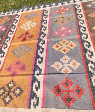 Handmade Multicolor Wool Jute Kilim Rug – Geometric Indian Dhurrie Area Rug