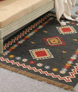 Handmade Southwestern Wool Jute Kilim Area Rug with Tassels | Black Tribal Boho Flatweave Rug for Living Room & Bedroom