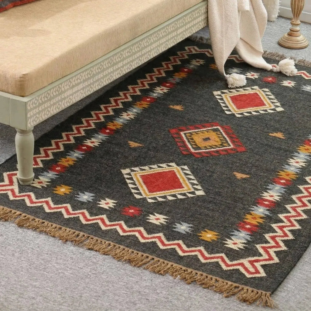 Handmade Southwestern Wool Jute Kilim Area Rug with Tassels | Black Tribal Boho Flatweave Rug for Living Room & Bedroom