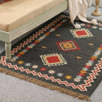 Handmade Southwestern Wool Jute Kilim Area Rug with Tassels | Black Tribal Boho Flatweave Rug for Living Room & Bedroom