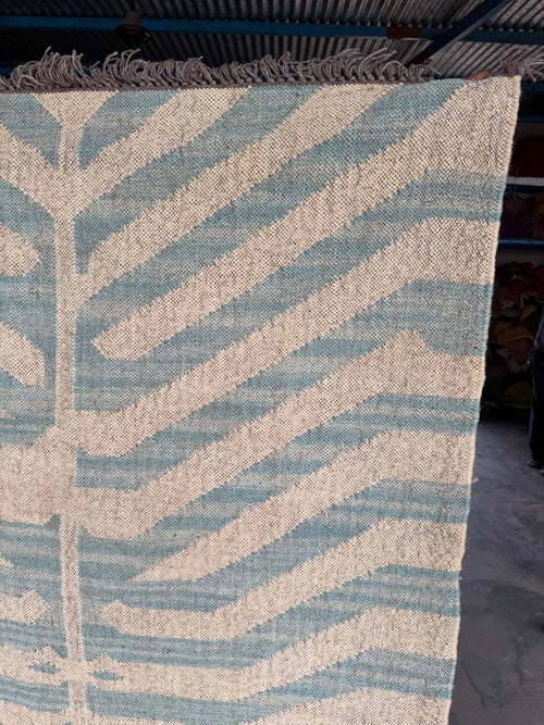 Handwoven Blue Tiger Wool Jute Kilim Rug | Abstract Tibetan Tiger Flatweave Area Rug for Modern, Scandinavian & Boho Homes