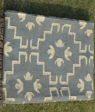 Handmade Blue Wool Jute Kilim Rug – Geometric Flatweave Indian Dhurrie Area Rug with Fringe