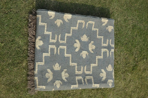Handmade Blue Wool Jute Kilim Rug – Geometric Flatweave Indian Dhurrie Area Rug with Fringe