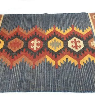 Handwoven Wool Jute Kilim Area Rug – Indigo Blue Southwestern Tribal Geometric Flatweave Rug with Fringe