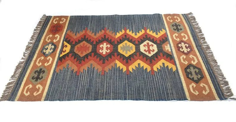 Handwoven Wool Jute Kilim Area Rug – Indigo Blue Southwestern Tribal Geometric Flatweave Rug with Fringe