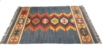 Handwoven Wool Jute Kilim Area Rug – Indigo Blue Southwestern Tribal Geometric Flatweave Rug with Fringe