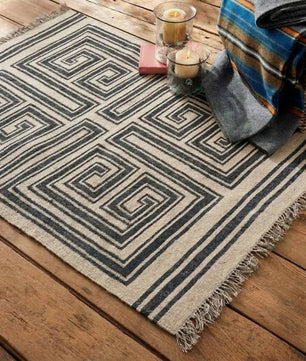 Handmade Modern Geometric Wool Jute Kilim Area Rug with Tassels | Black & Ivory Flatweave Maze Pattern Rug for Living Room