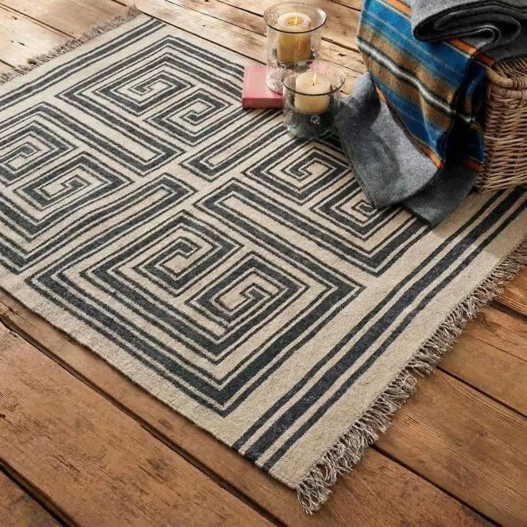 Handmade Modern Geometric Wool Jute Kilim Area Rug with Tassels | Black & Ivory Flatweave Maze Pattern Rug for Living Room