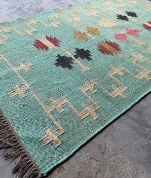 Handwoven Wool Jute Kilim Rug, Teal Tribal Area Rug, Handmade Flatweave Dhurrie Carpet, Boho Geometric Living Room Rug with Fringe