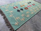 Handwoven Wool Jute Kilim Rug, Teal Tribal Area Rug, Handmade Flatweave Dhurrie Carpet, Boho Geometric Living Room Rug with Fringe