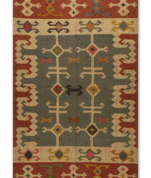 Handwoven Tribal Wool Jute Kilim Area Rug – Sage Green Southwestern Flatweave Dhurrie with Geometric Border & Artisan Fringe