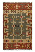 Handgeweefde Stamwol Jute Kilim Mat – Saliegroen Suidwes Platweefsel Dhurrie met Geometriese Rand & Vakmanskuifrante