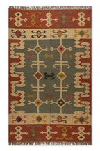 Handgeweefde Stamwol Jute Kilim Mat – Saliegroen Suidwes Platweefsel Dhurrie met Geometriese Rand & Vakmanskuifrante
