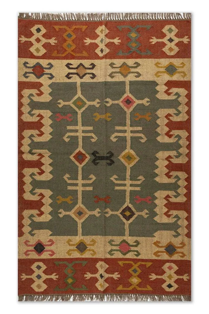 Handwoven Tribal Wool Jute Kilim Area Rug – Sage Green Southwestern Flatweave Dhurrie with Geometric Border & Artisan Fringe