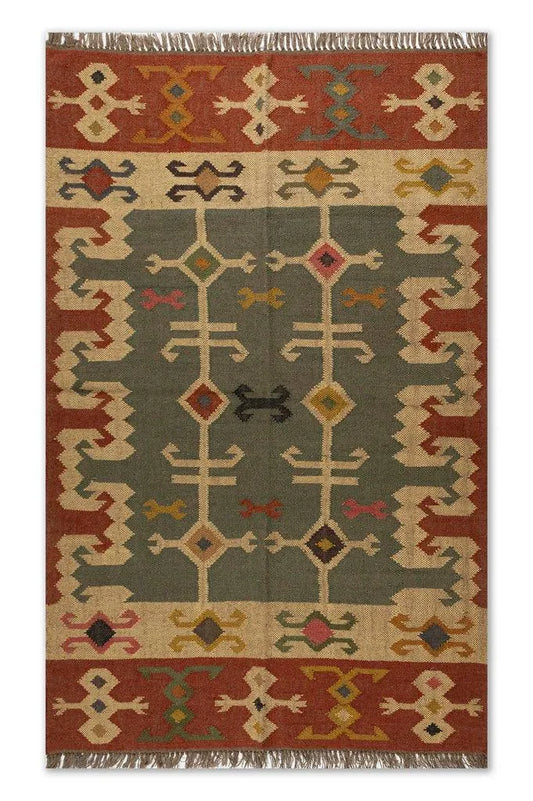 Handwoven Tribal Wool Jute Kilim Area Rug – Sage Green Southwestern Flatweave Dhurrie with Geometric Border & Artisan Fringe
