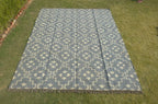 Handmade Blue Wool Jute Kilim Rug – Geometric Flatweave Indian Dhurrie Area Rug with Fringe