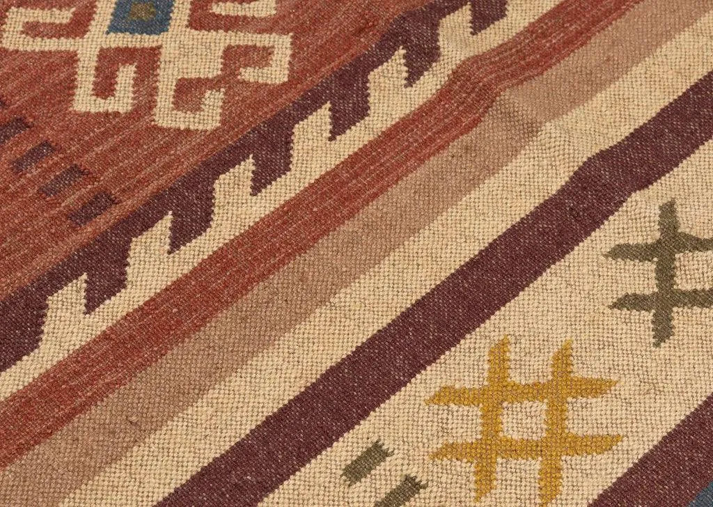 Southwestern Striped Area Rug – Handwoven Jute Wool Boho Tribal Geometric Flatweave Rug in Terracotta & Beige